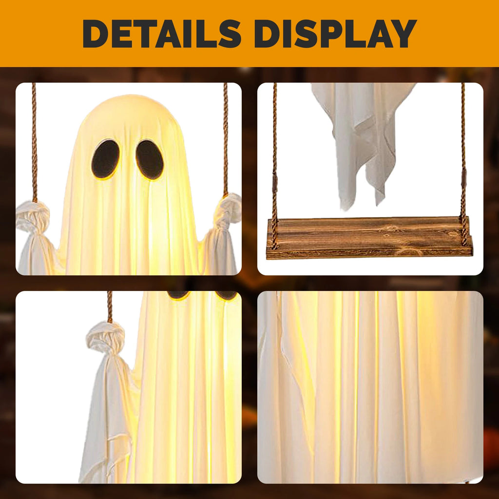 Close-up details of the lighted white ghost and swing ropes