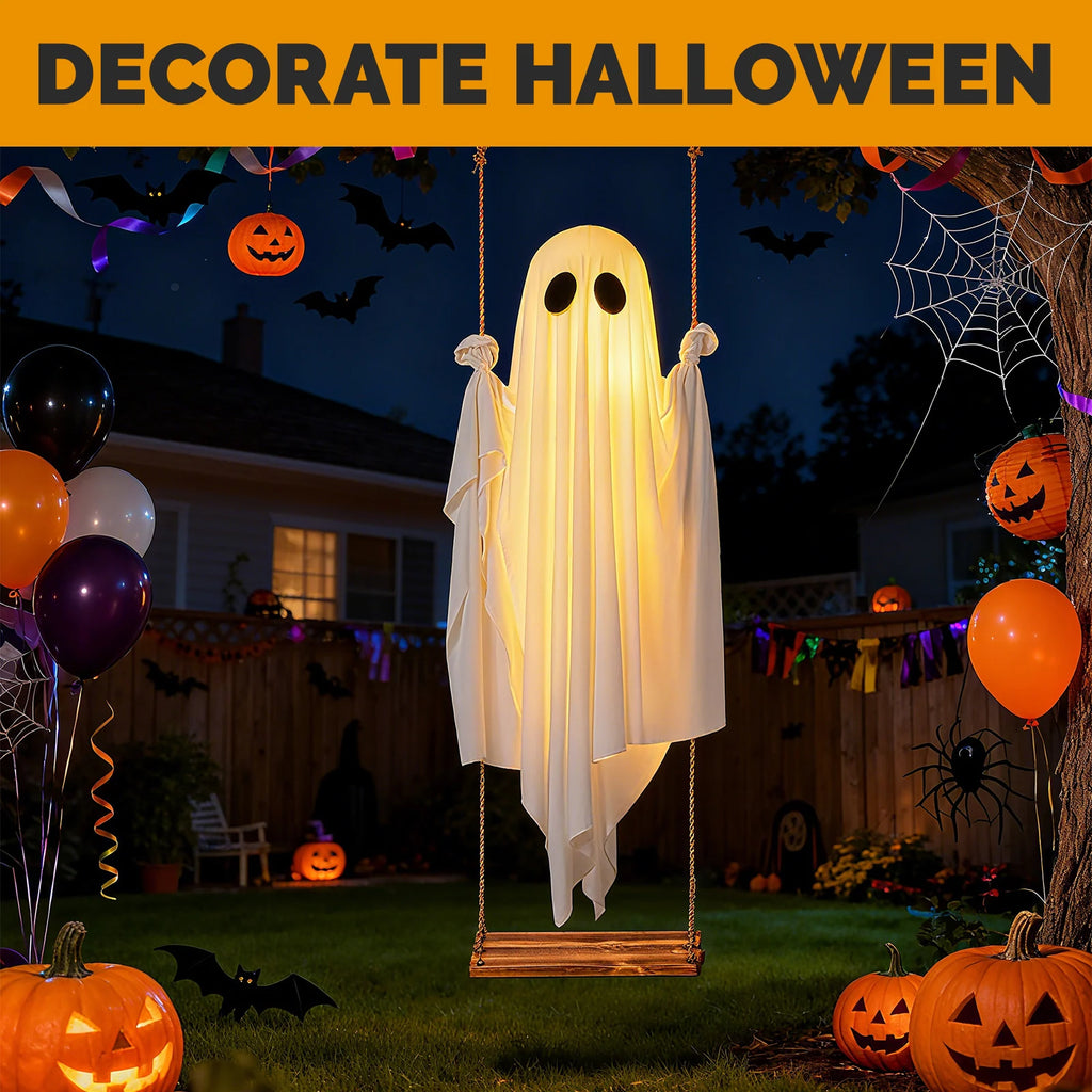 Lighted swinging ghost decoration display with warm glow