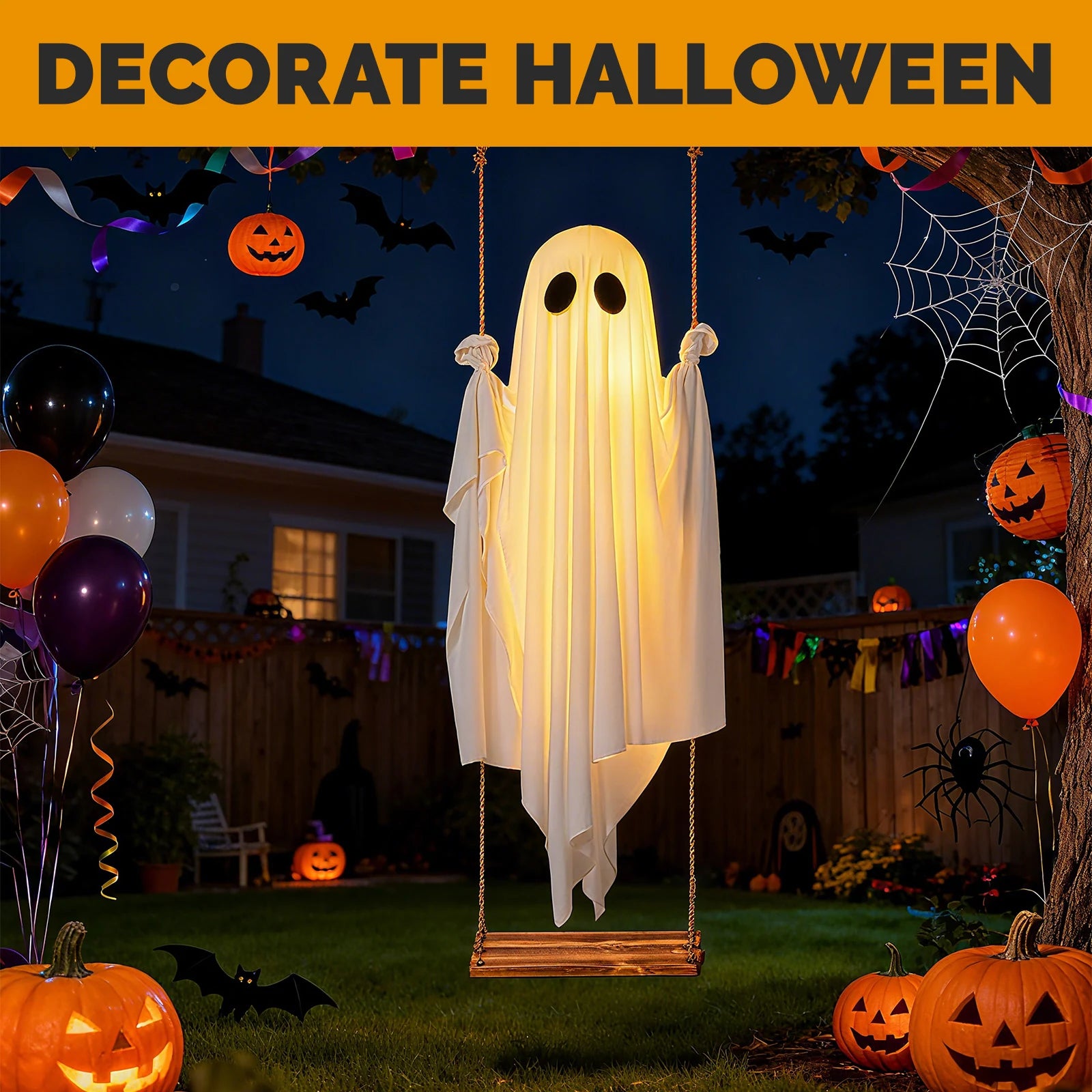 Lighted swinging ghost decoration display with warm glow