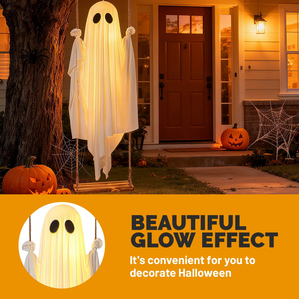 Lighted swinging ghost decoration features and remote control