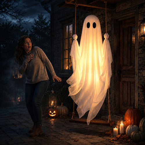 Lighted swinging ghost decoration on a haunted porch at night