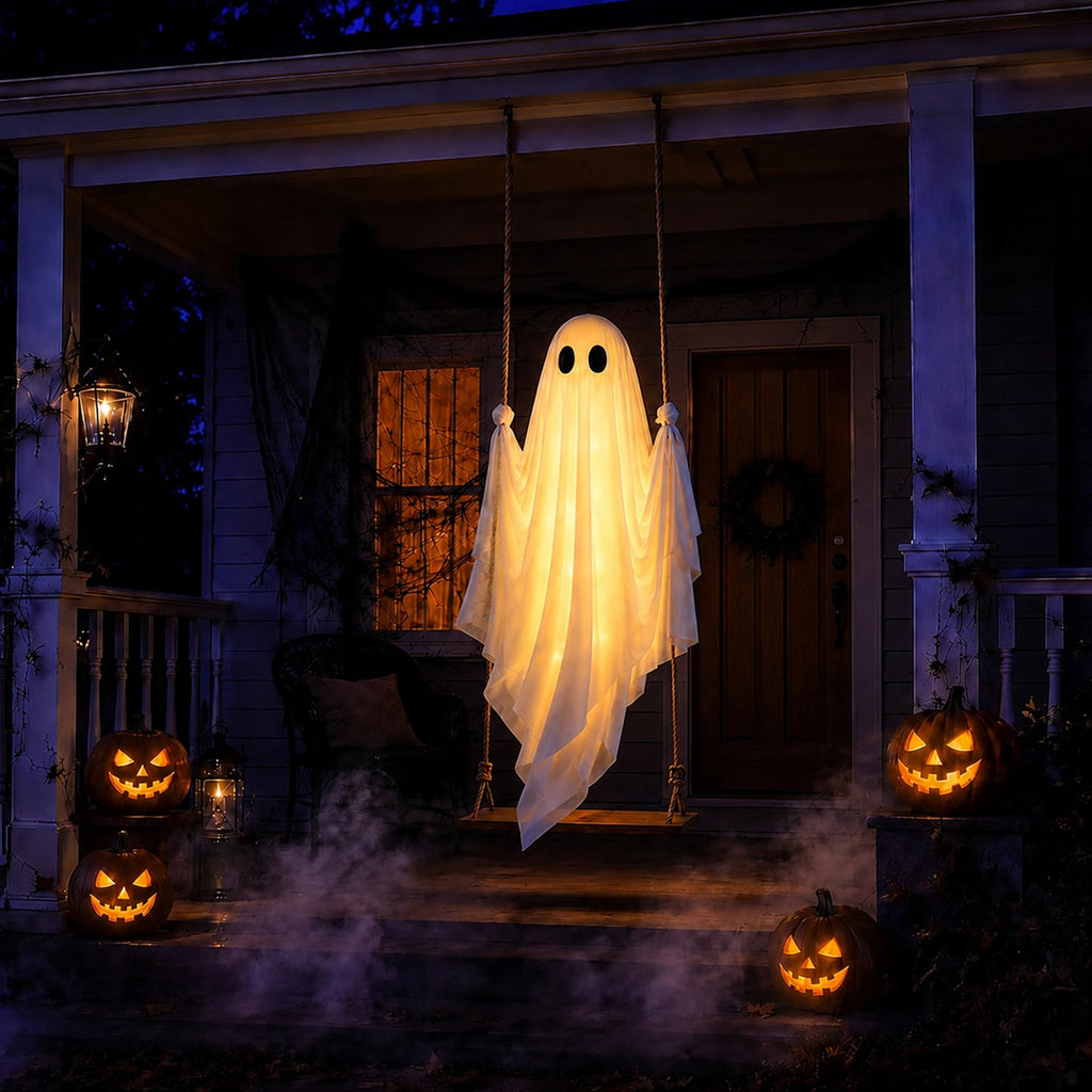 Warm lighted ghost swing displayed on a Halloween porch