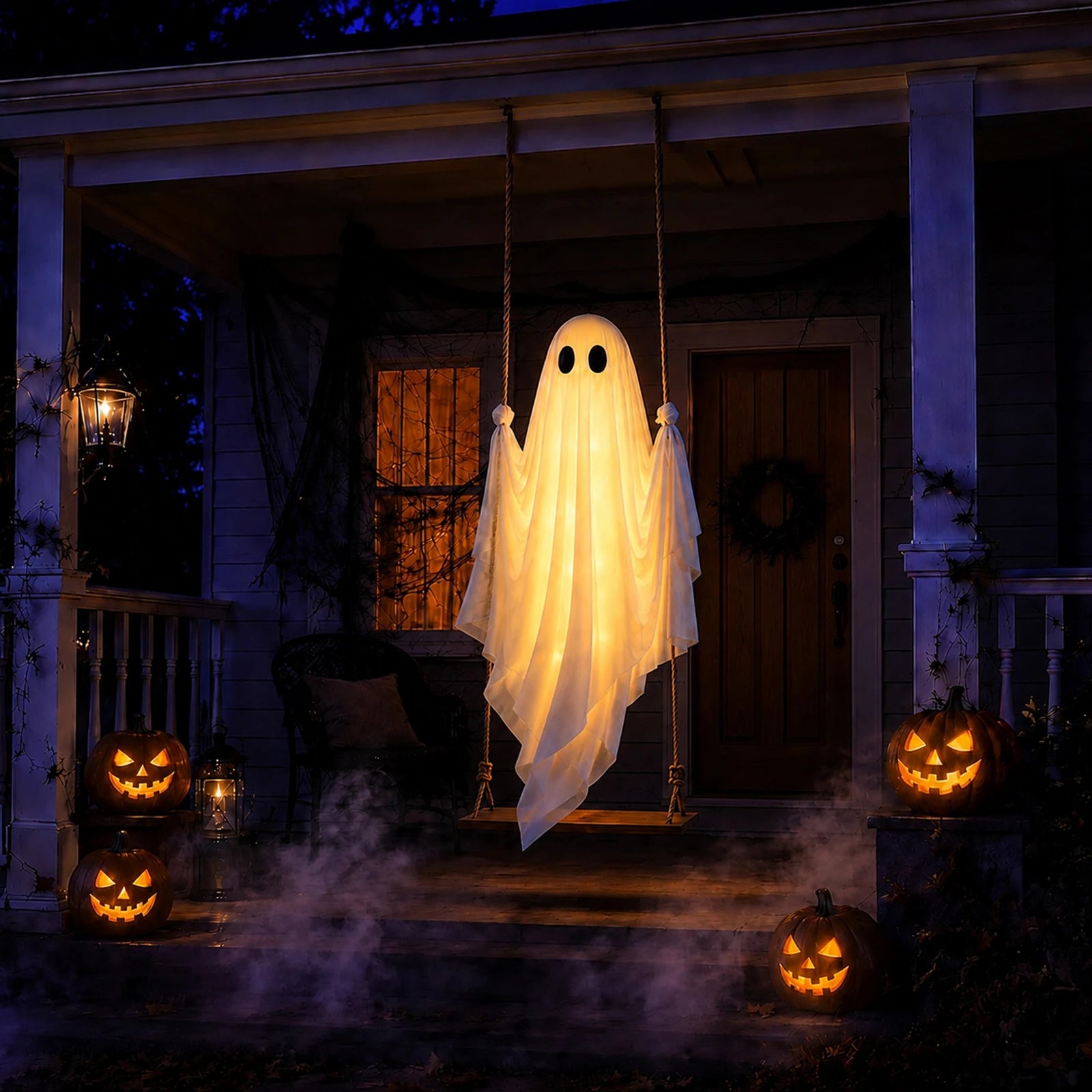 Warm lighted ghost swing displayed on a Halloween porch