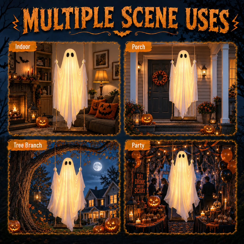 Lighted ghost swing shown in indoor porch tree and party displays