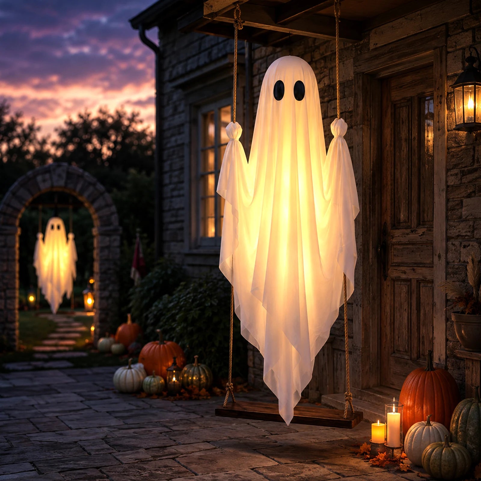 Lighted ghost swing decoration on a porch at twilight