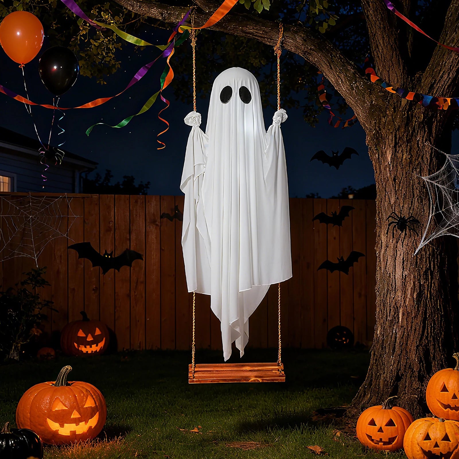 Non-lighted white ghost swing in an outdoor Halloween display