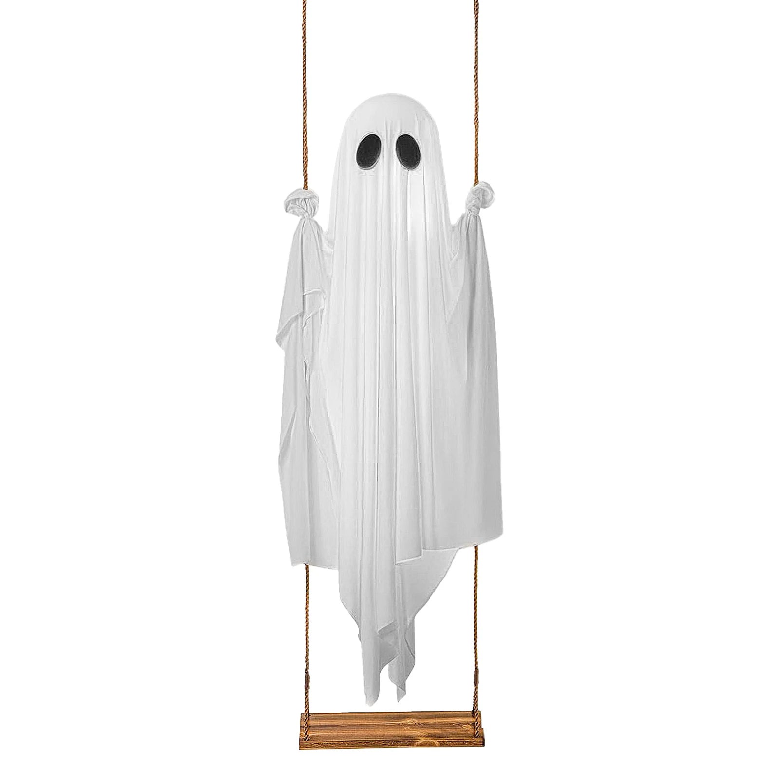 Non-lighted white swinging ghost decoration on a suspended seat
