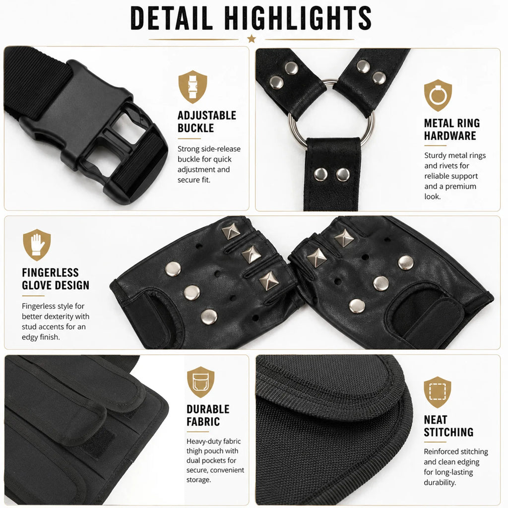 Close-up details of black cosplay harness utility belt pouches and fingerless gloves