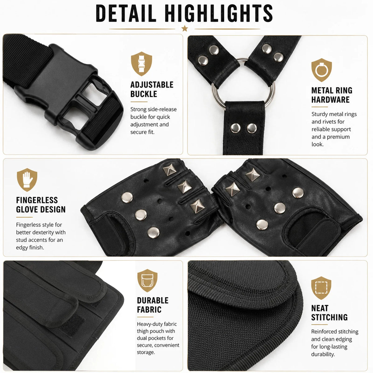 Close-up details of black cosplay harness utility belt pouches and fingerless gloves