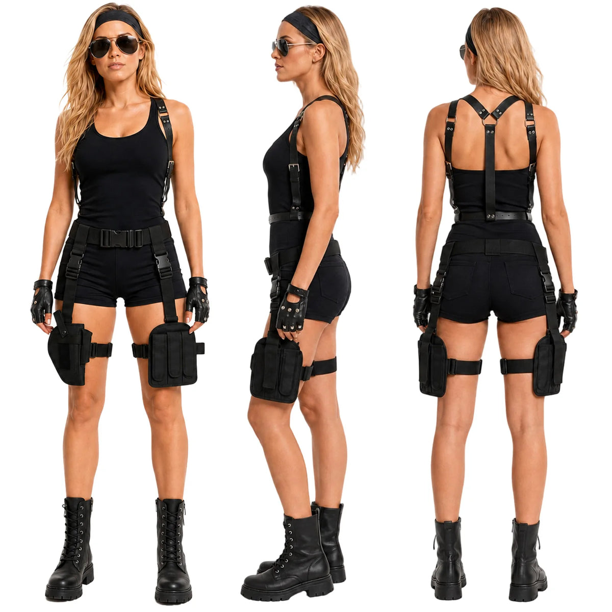 Black tactical-inspired cosplay accessory set shown from multiple angles and viewpoints