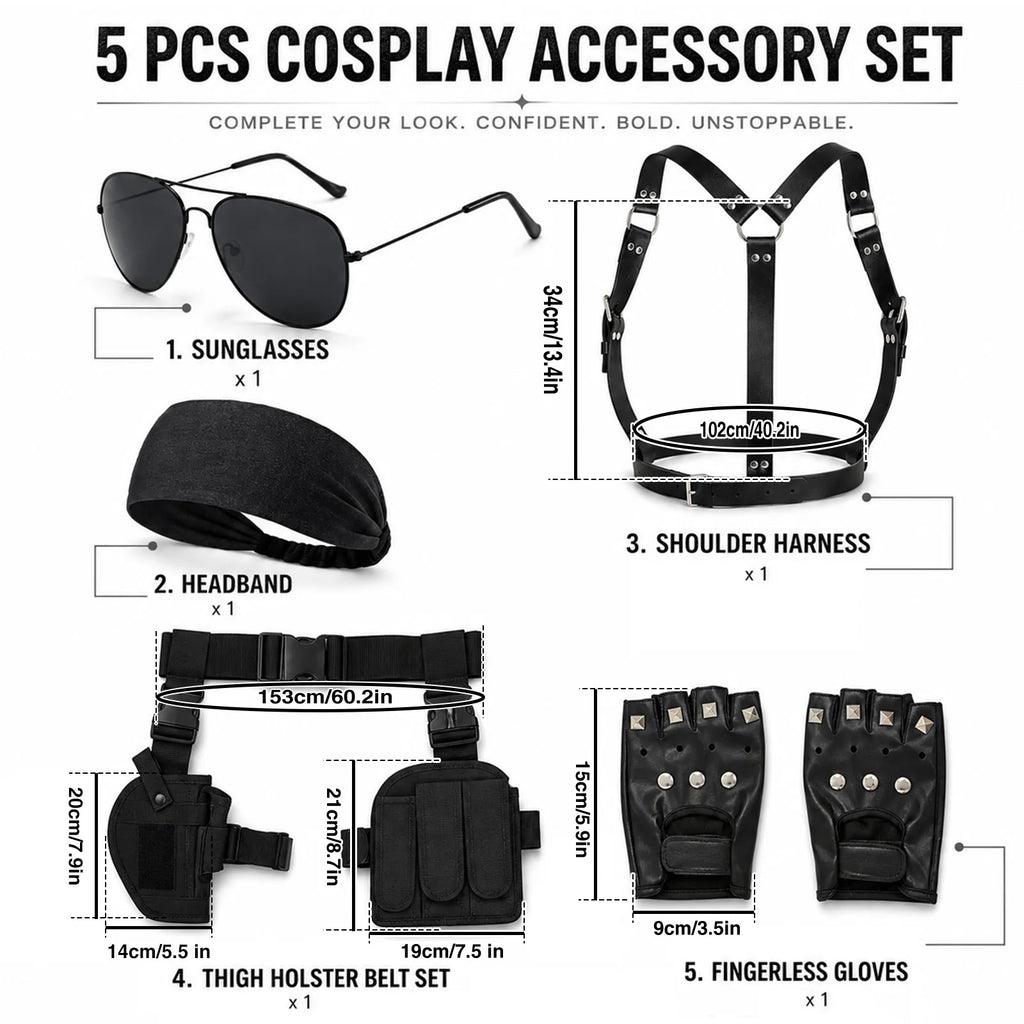 Dimensions for shoulder harness utility belt pouches headband sunglasses and fingerless gloves