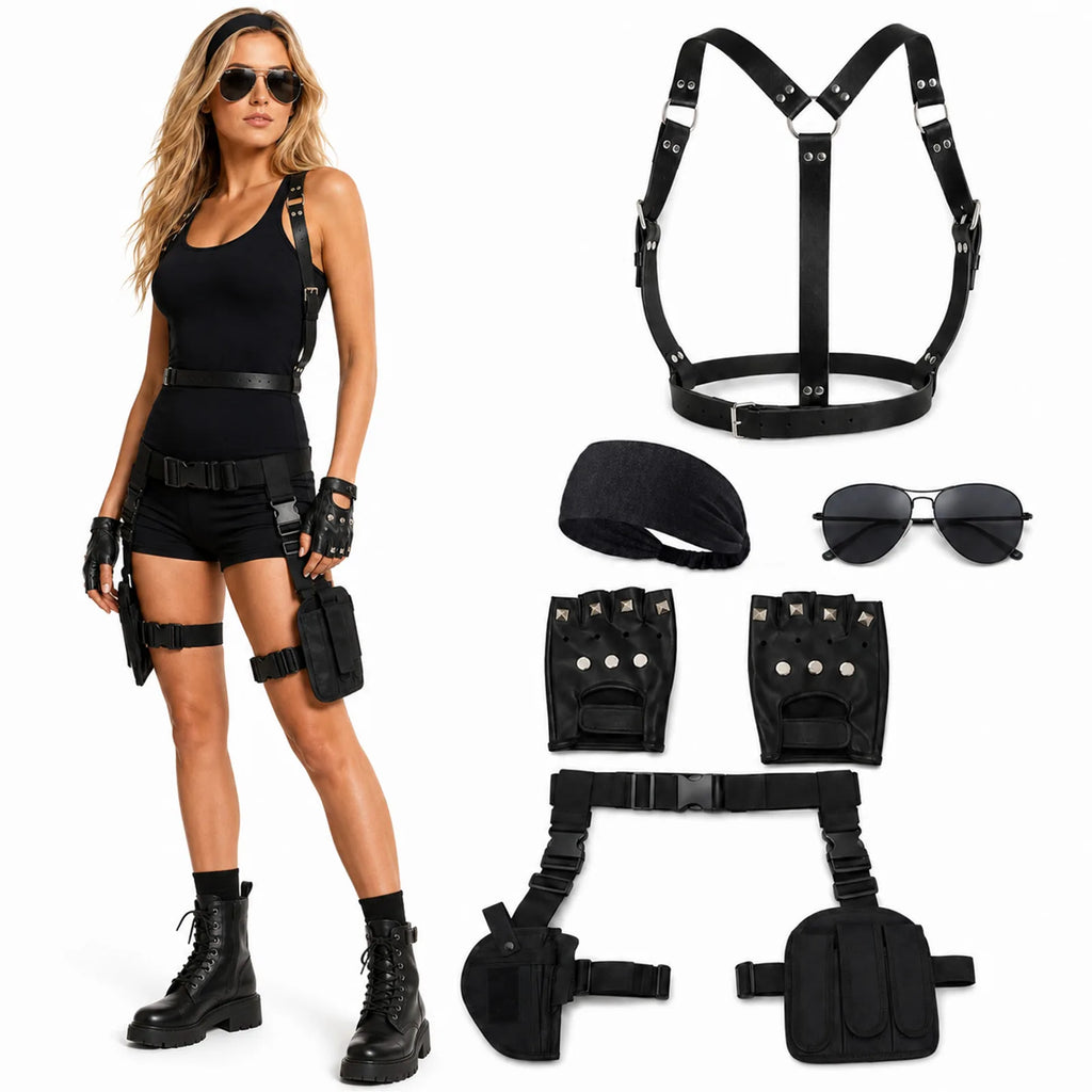 Black 5-piece tactical-inspired cosplay accessory set with shoulder harness utility belt headband sunglasses and fingerless gloves