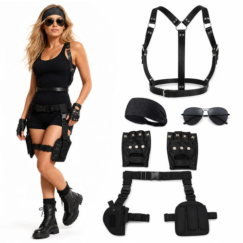 Black cosplay accessory set with harness belt pouches headband sunglasses and gloves