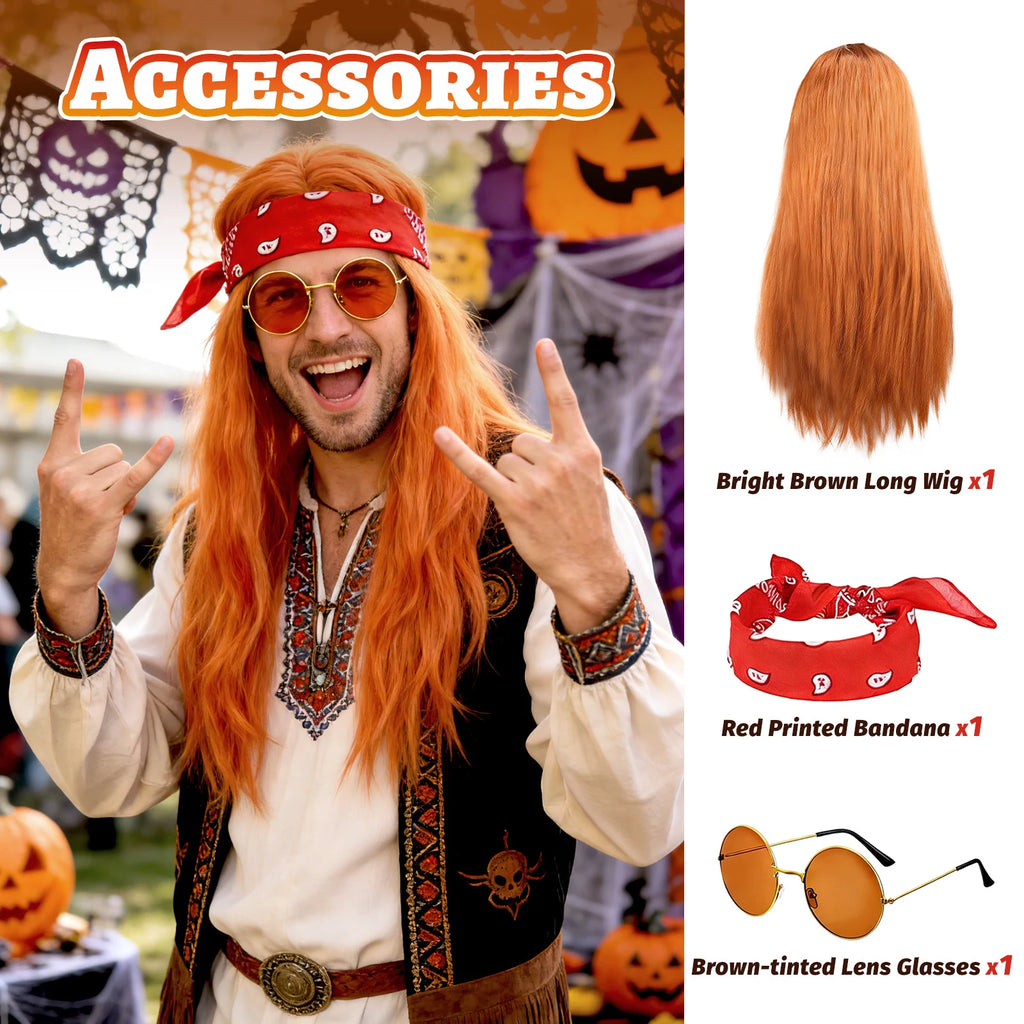 A clear product view presents a three included hippie costume accessories shown with model, with the long orange-brown wig, red bandana and round tinted glasses clearly visible.