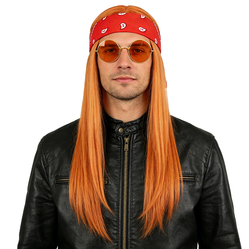 Three-piece hippie costume set shown from front and side angles to highlight the long orange-brown wig, red bandana and round tinted glasses.