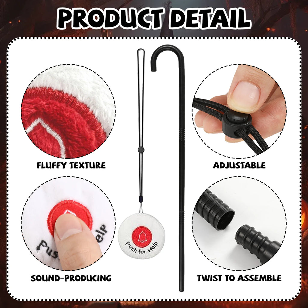 A detail panel presents three-section black costume cane connection details for the kids grandma costume accessories set, highlighting the black cane and round push-for-help pendant.