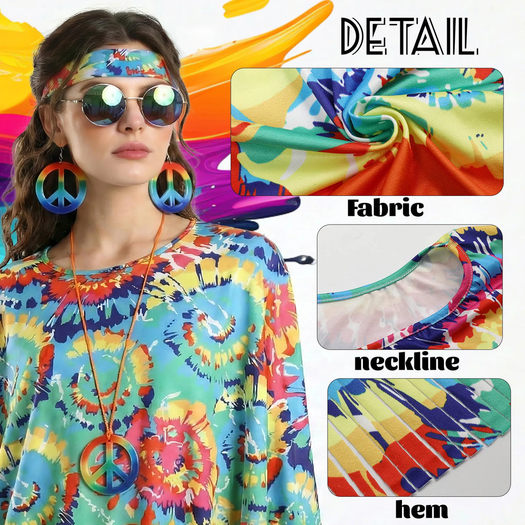 Close-up panels show the colorful printed fabric, stitched round neckline and narrow cut fringe along the poncho hem.