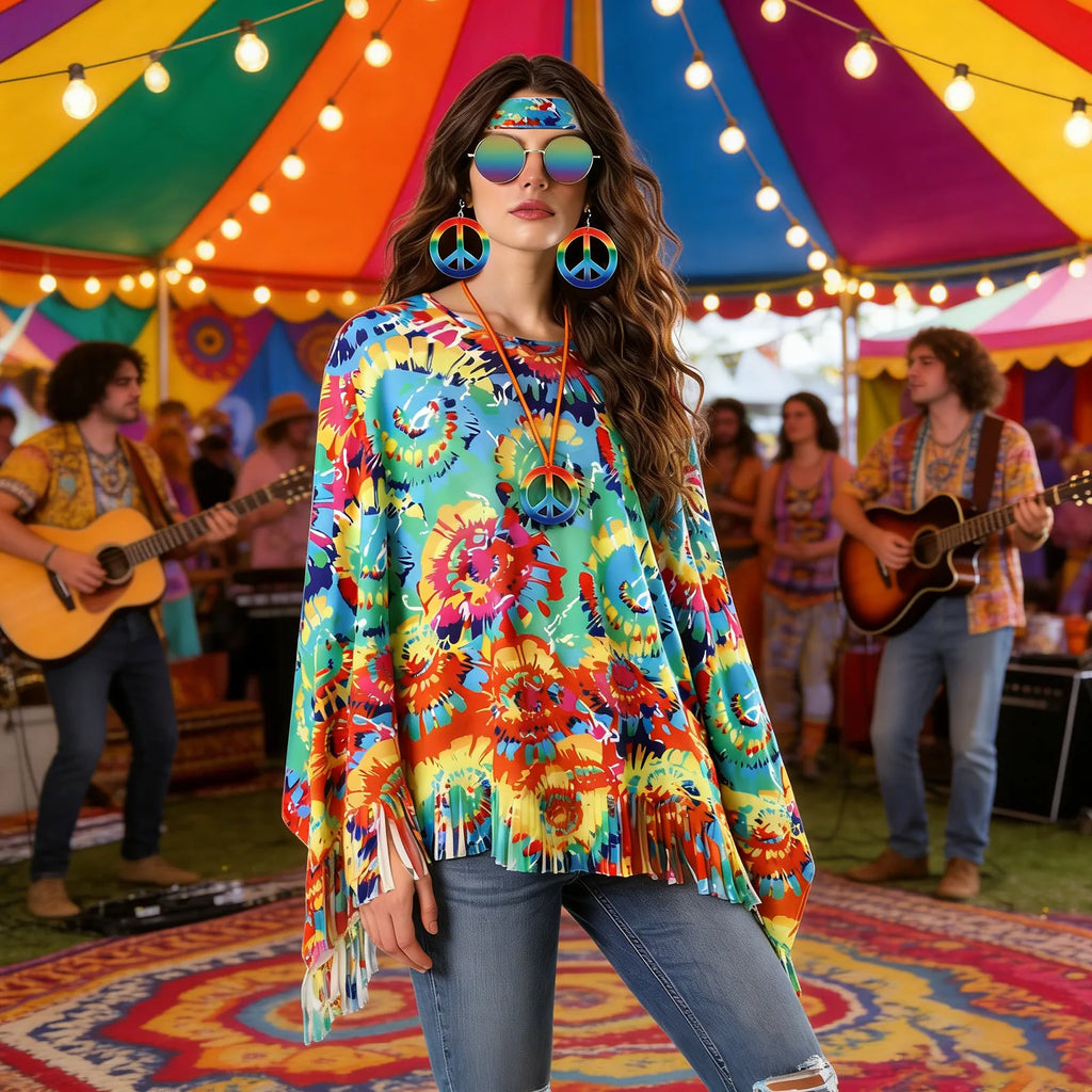 The front-and-back size chart lists the one-size poncho length, sleeve length and neckline measurements in inches and centimeters.