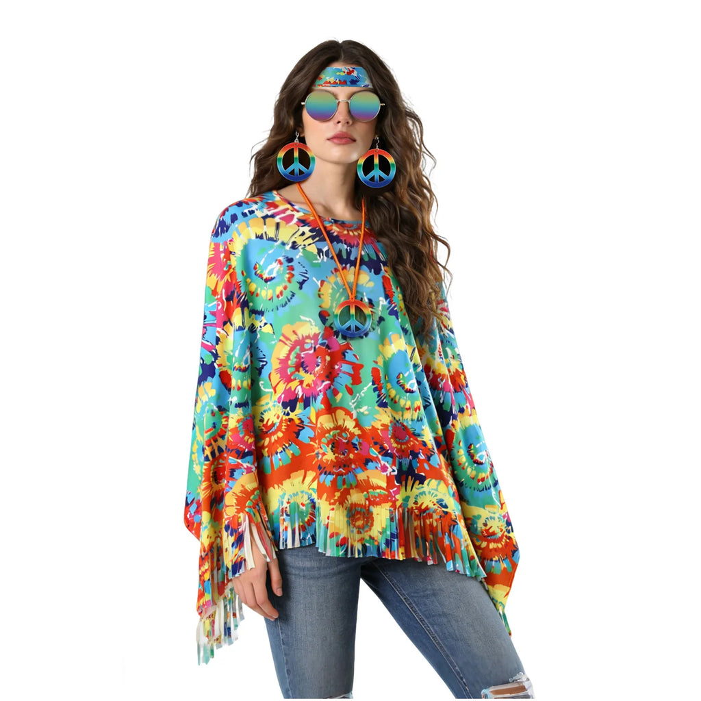 A centered front view shows the tie-dye hippie poncho with its flowing silhouette, cut fringe and coordinating peace-sign accessories.