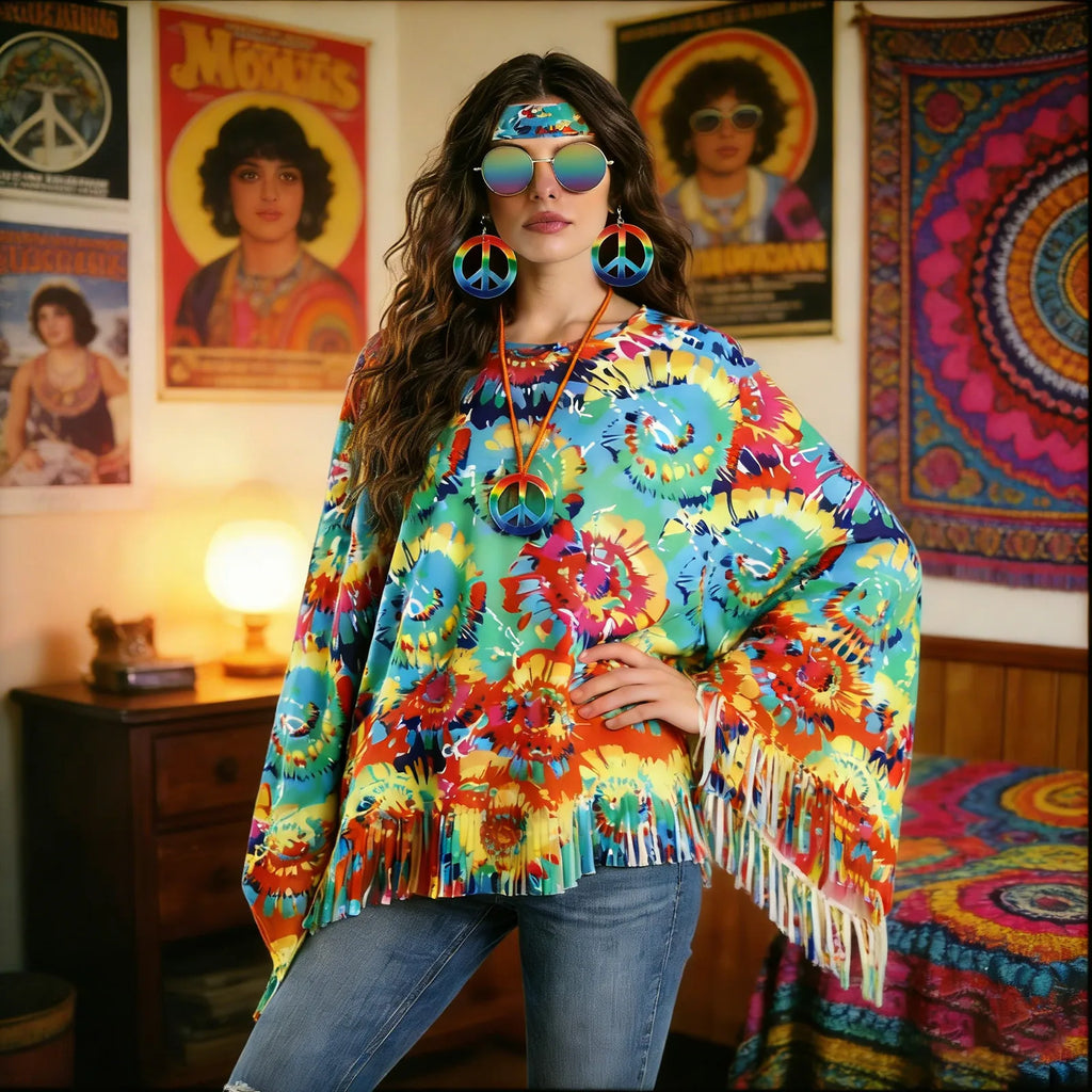 The tie-dye hippie poncho is styled with round glasses and peace-sign jewelry inside a colorful live music tent.