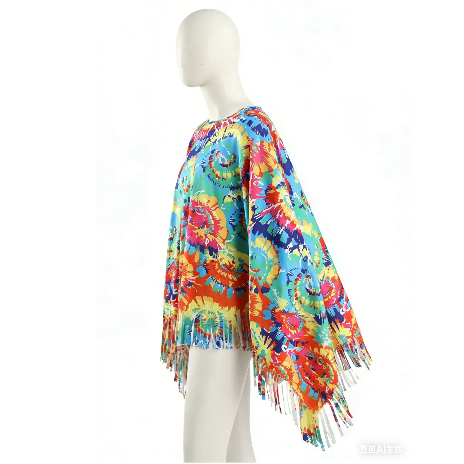The side mannequin view shows the poncho's loose drape, pointed hem and cut fringe extending from sleeve to lower edge.