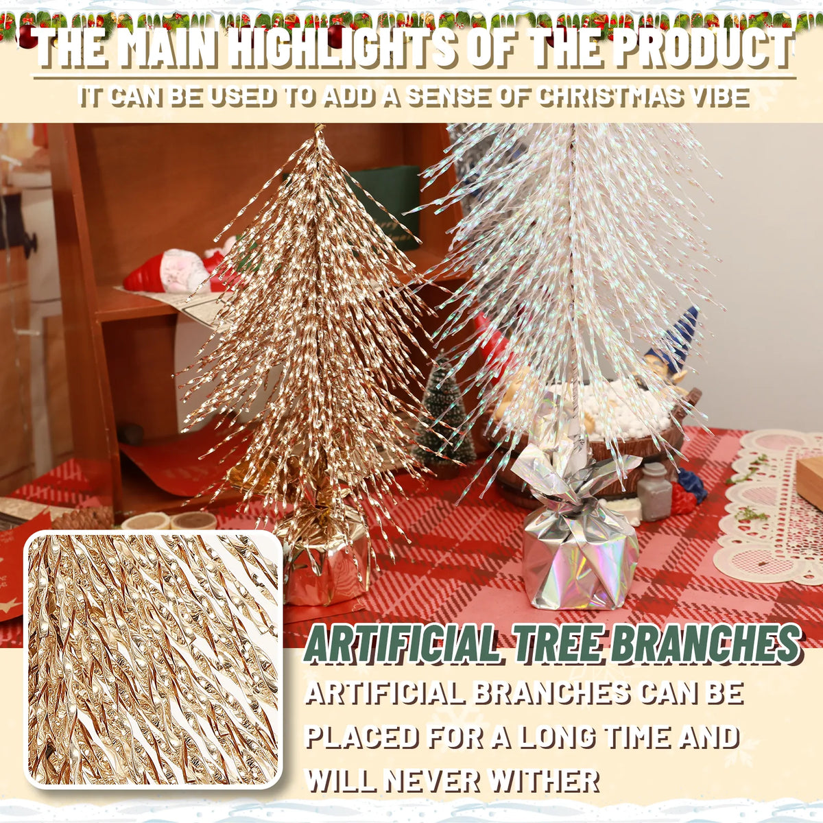 Gold and iridescent tabletop trees appear beside a close view of artificial branches.