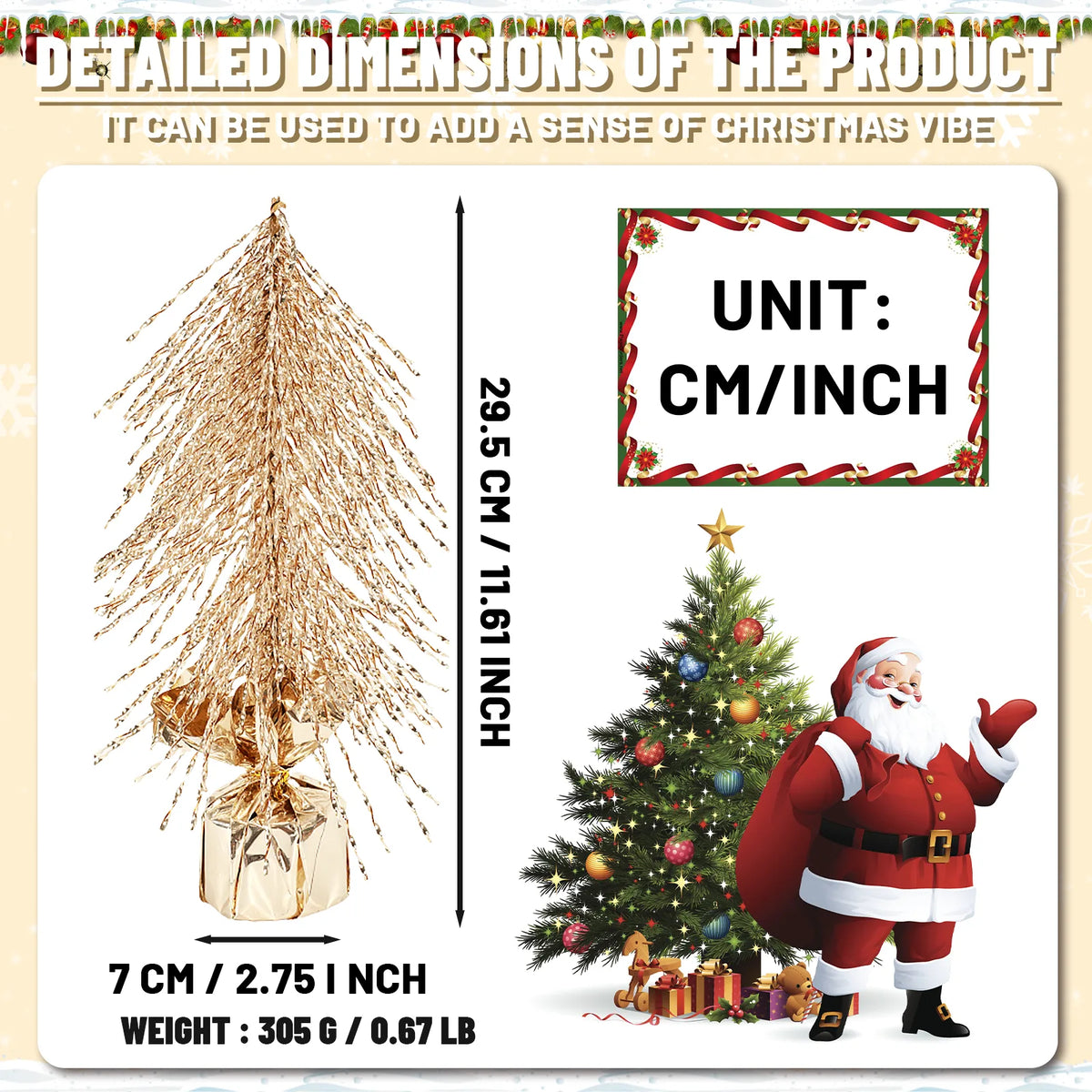 The size graphic shows the gold tree height and wrapped base width.