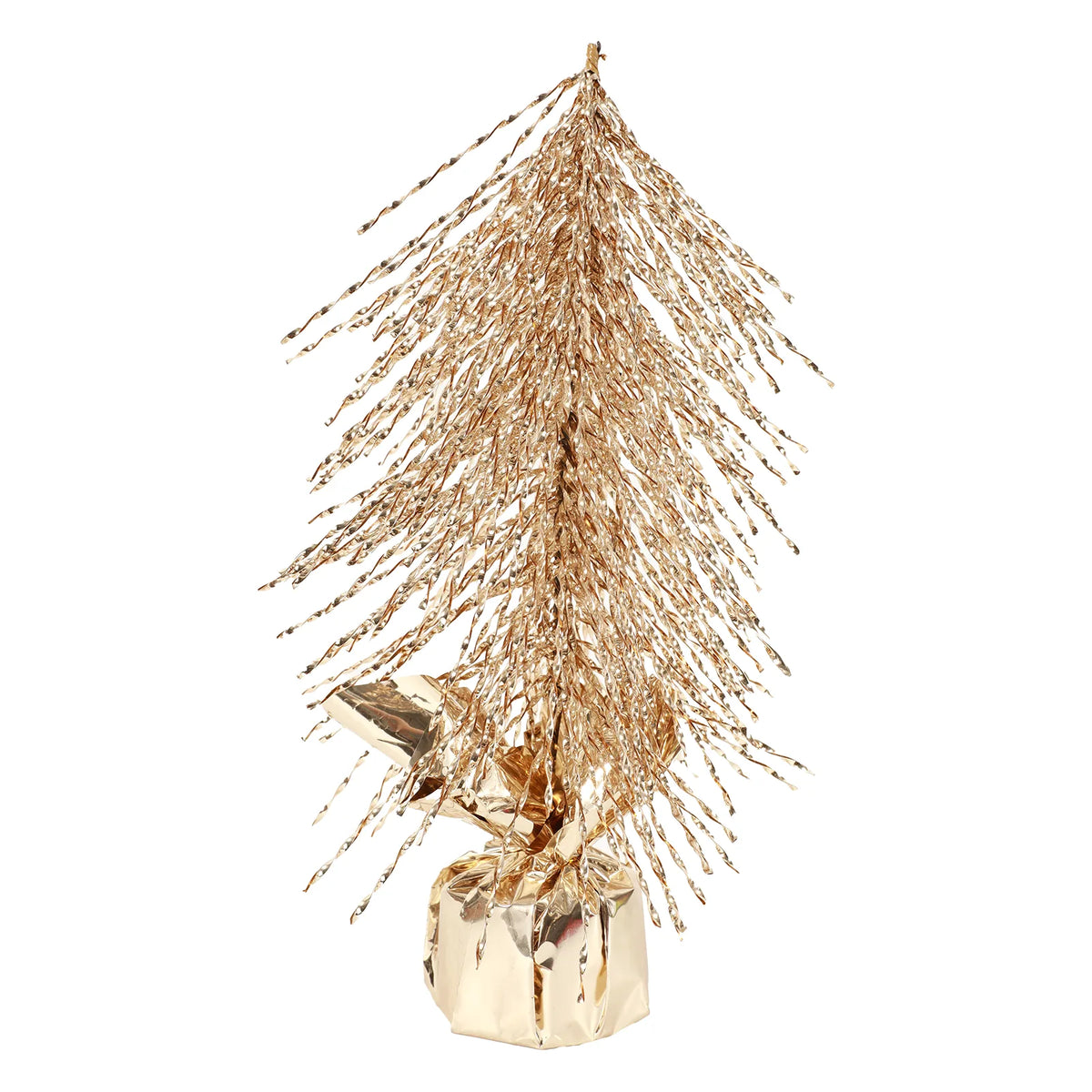The gold tree has a loose wrapping flap extending to the left.