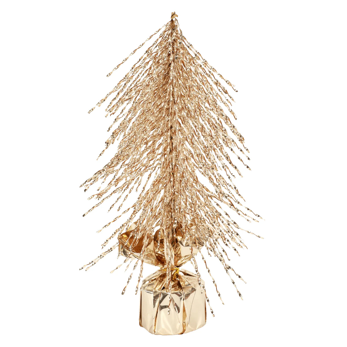The gold tree has long leftward branches and a shiny wrapped base.
