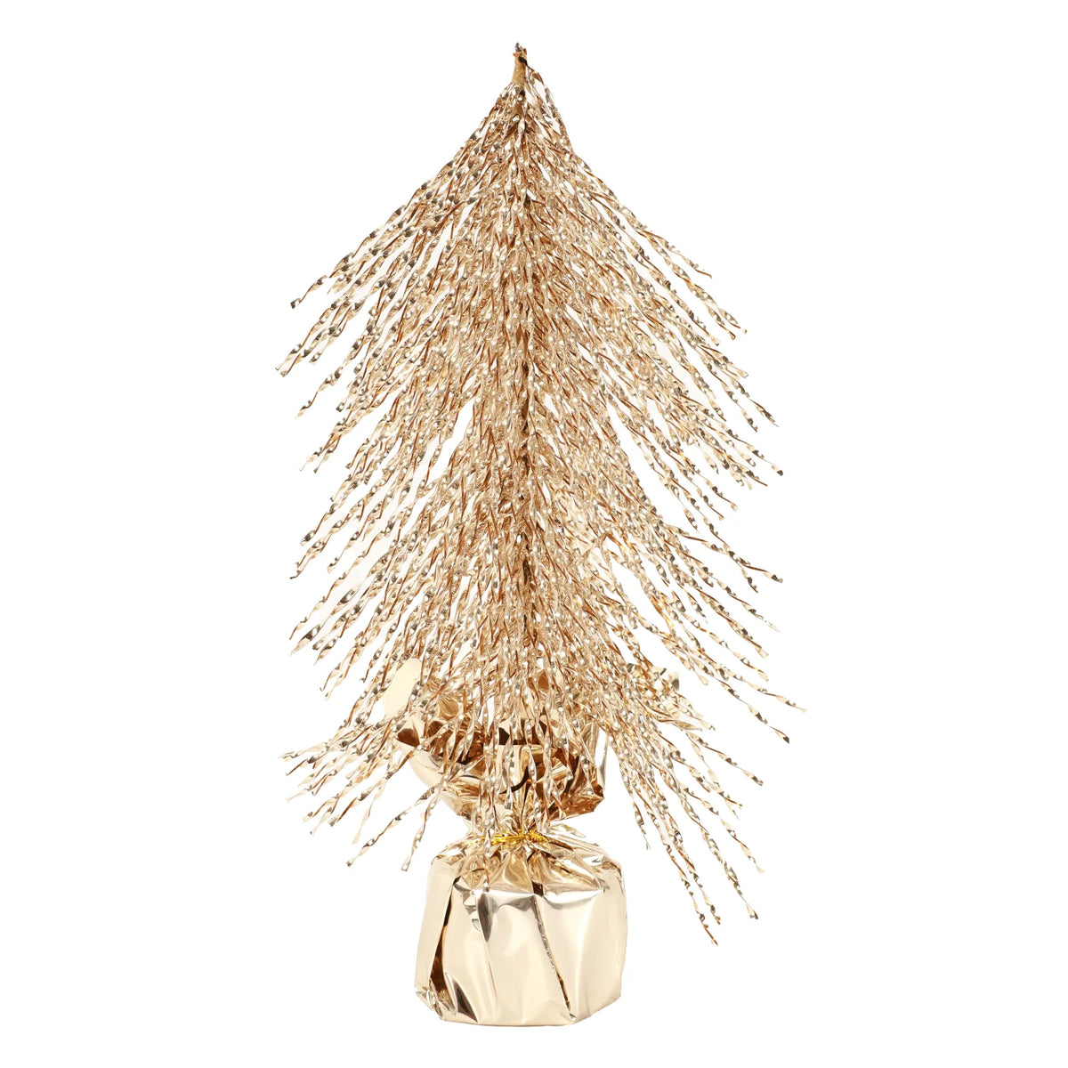 A gold tree has fine lower branches draping over its wrapped base.
