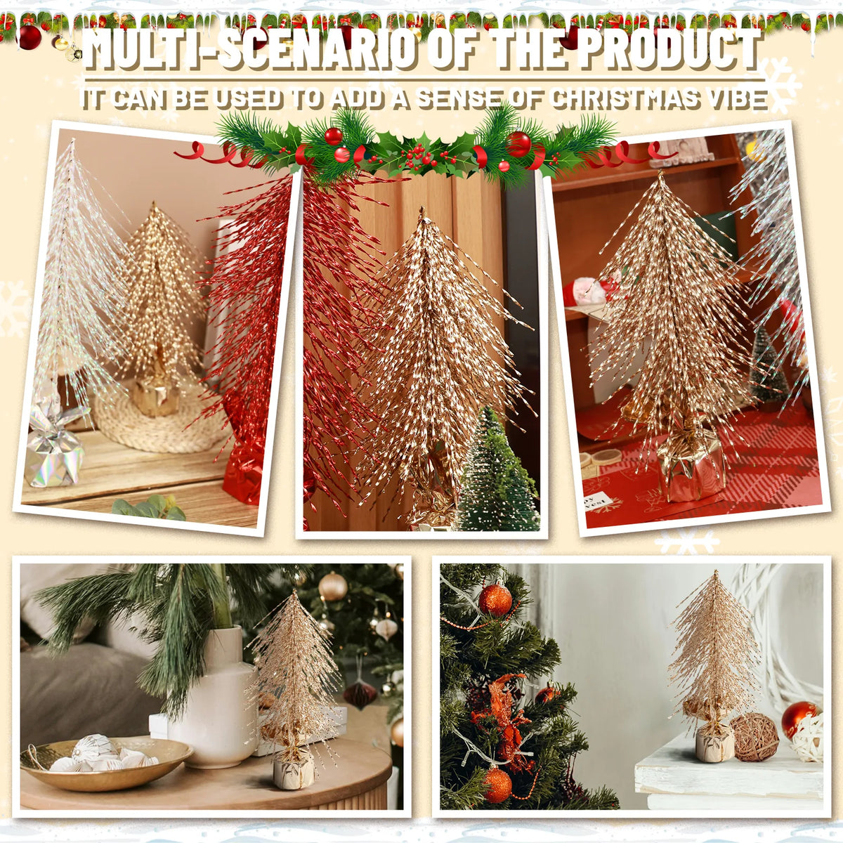 Five views show the gold tree arranged among different Christmas decorations.