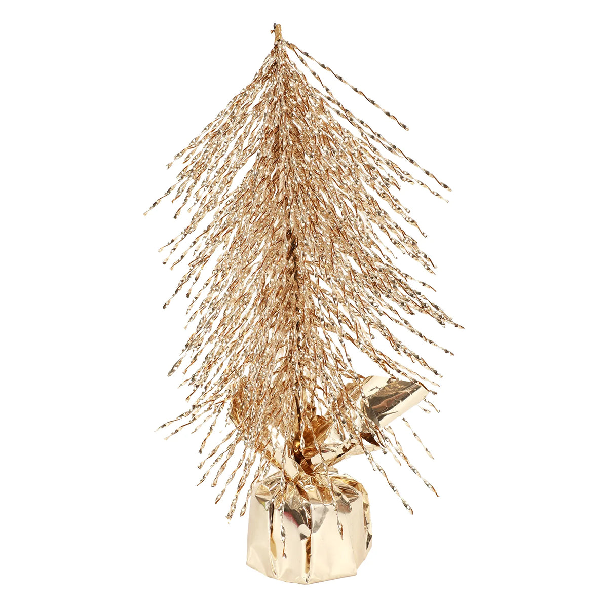 The gold tree has a loose wrapping flap extending to the right.