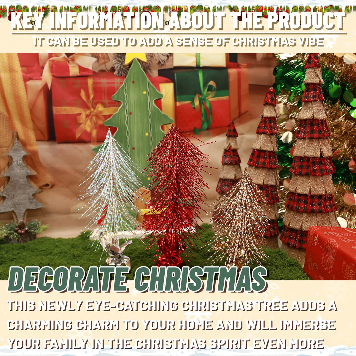 Red, gold and iridescent trees appear together among Christmas decorations.