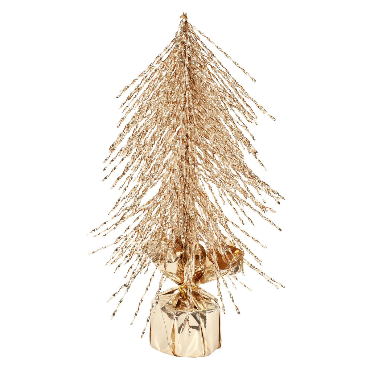 A gold tree stands upright with branches falling over its tied base.
