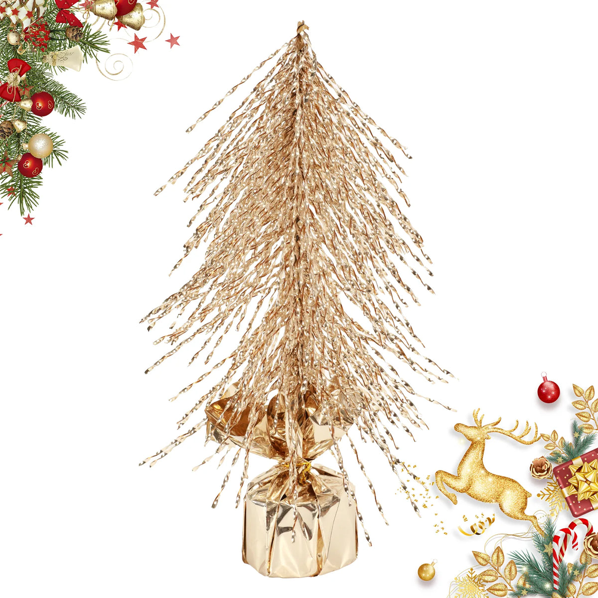 A gold tabletop Christmas tree stands beside holiday illustrations on white.