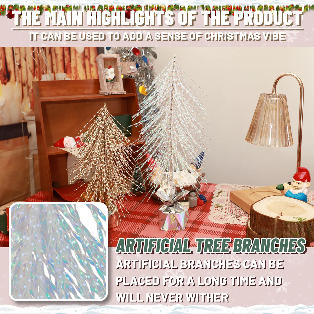 Iridescent and gold tabletop trees appear beside a close view of artificial branches.