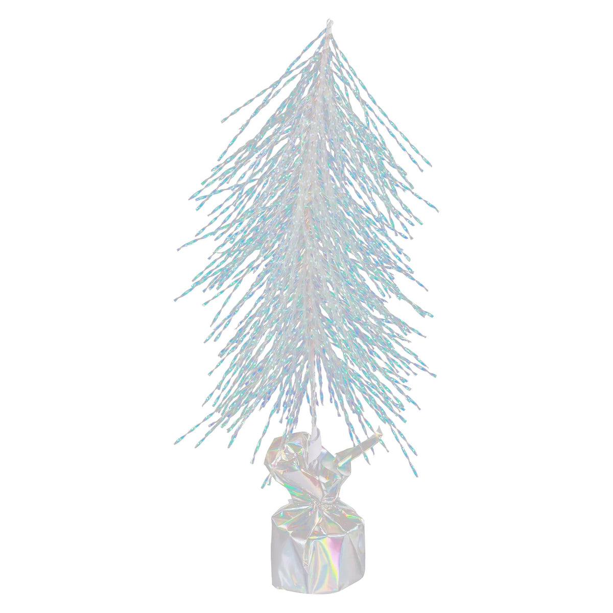 A pale iridescent tree stands on its wrapped base against a white background.