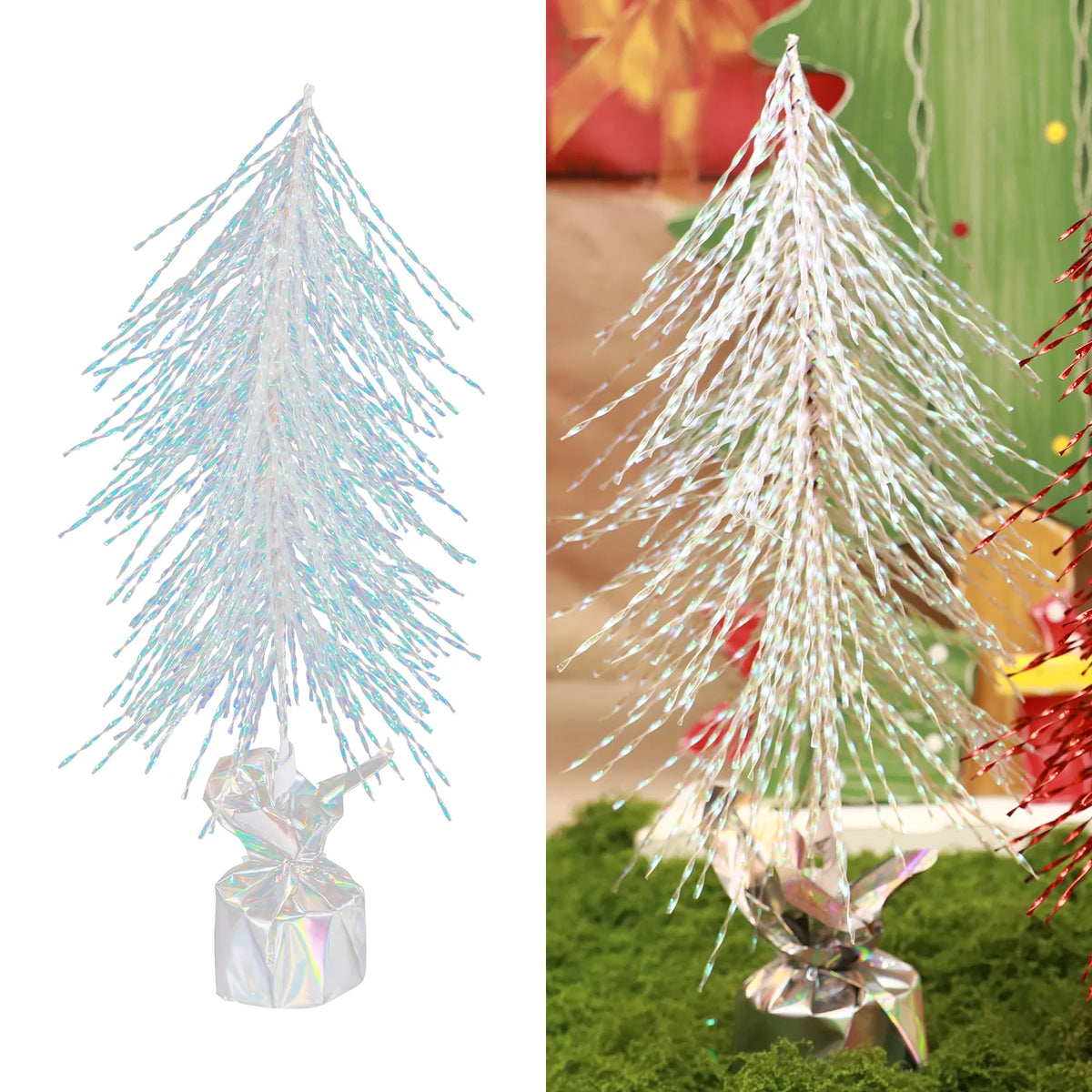 An iridescent tabletop Christmas tree appears beside a close view of its branches.