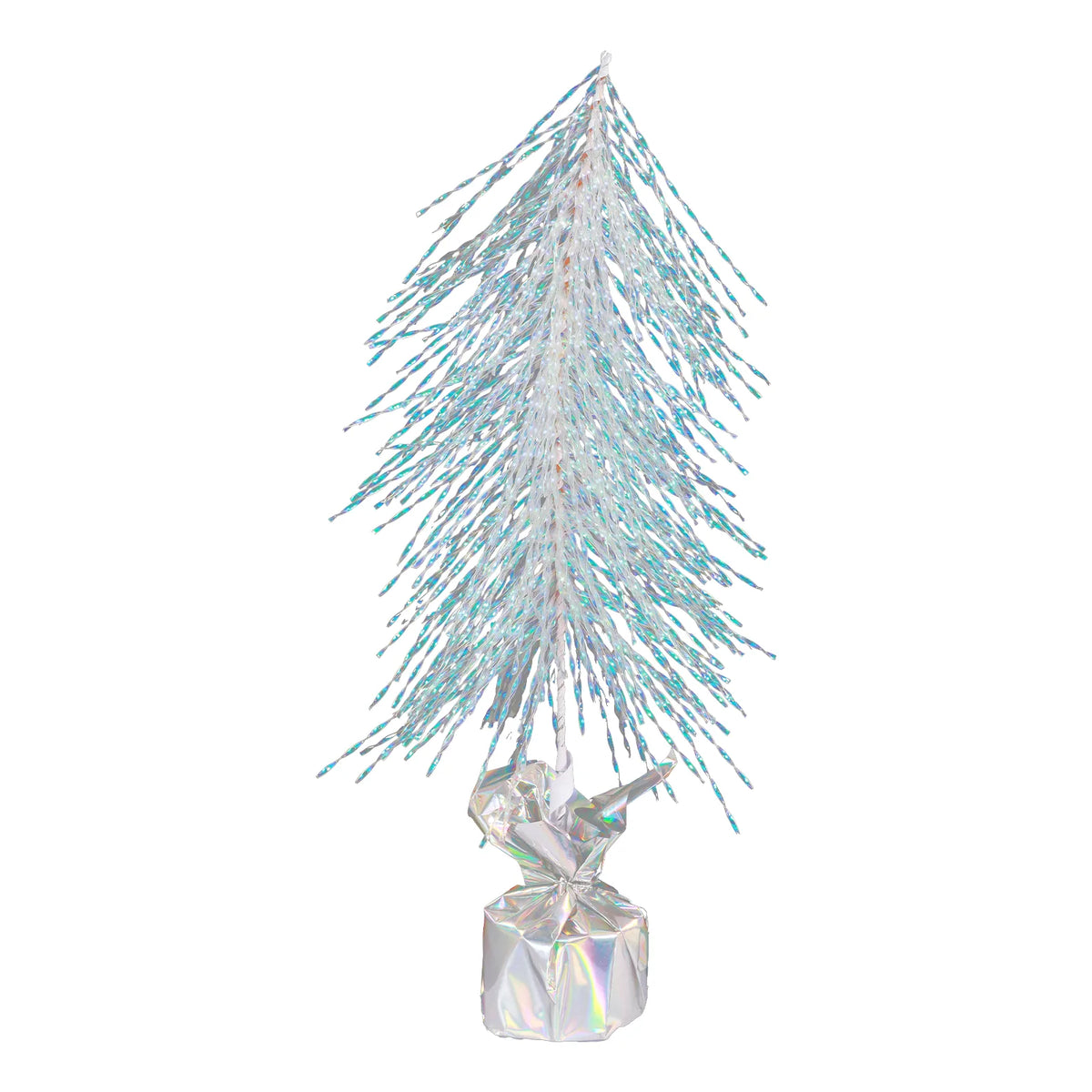 The iridescent tree has fine branches falling toward the left side.