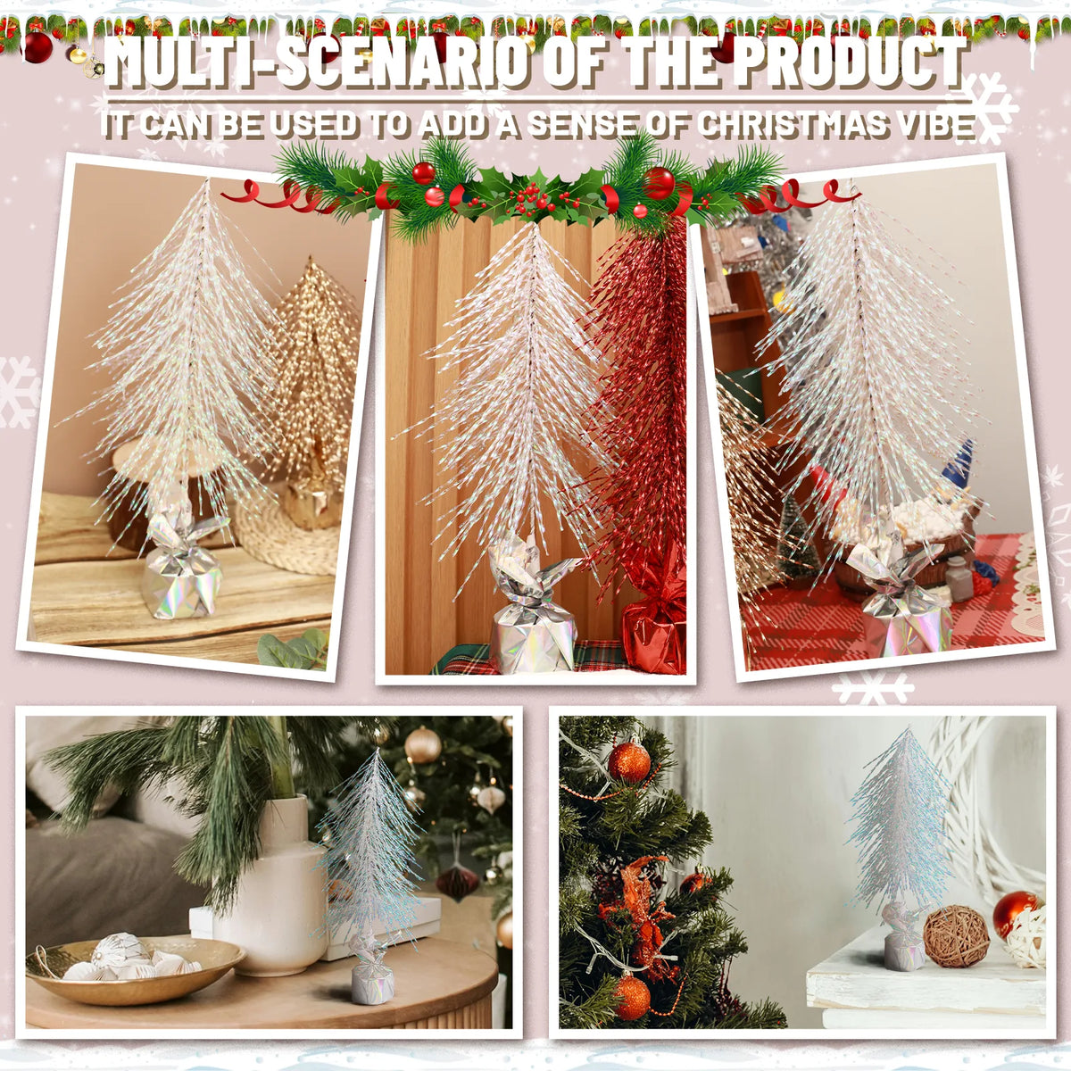 Five views show the iridescent tree arranged among different Christmas decorations.