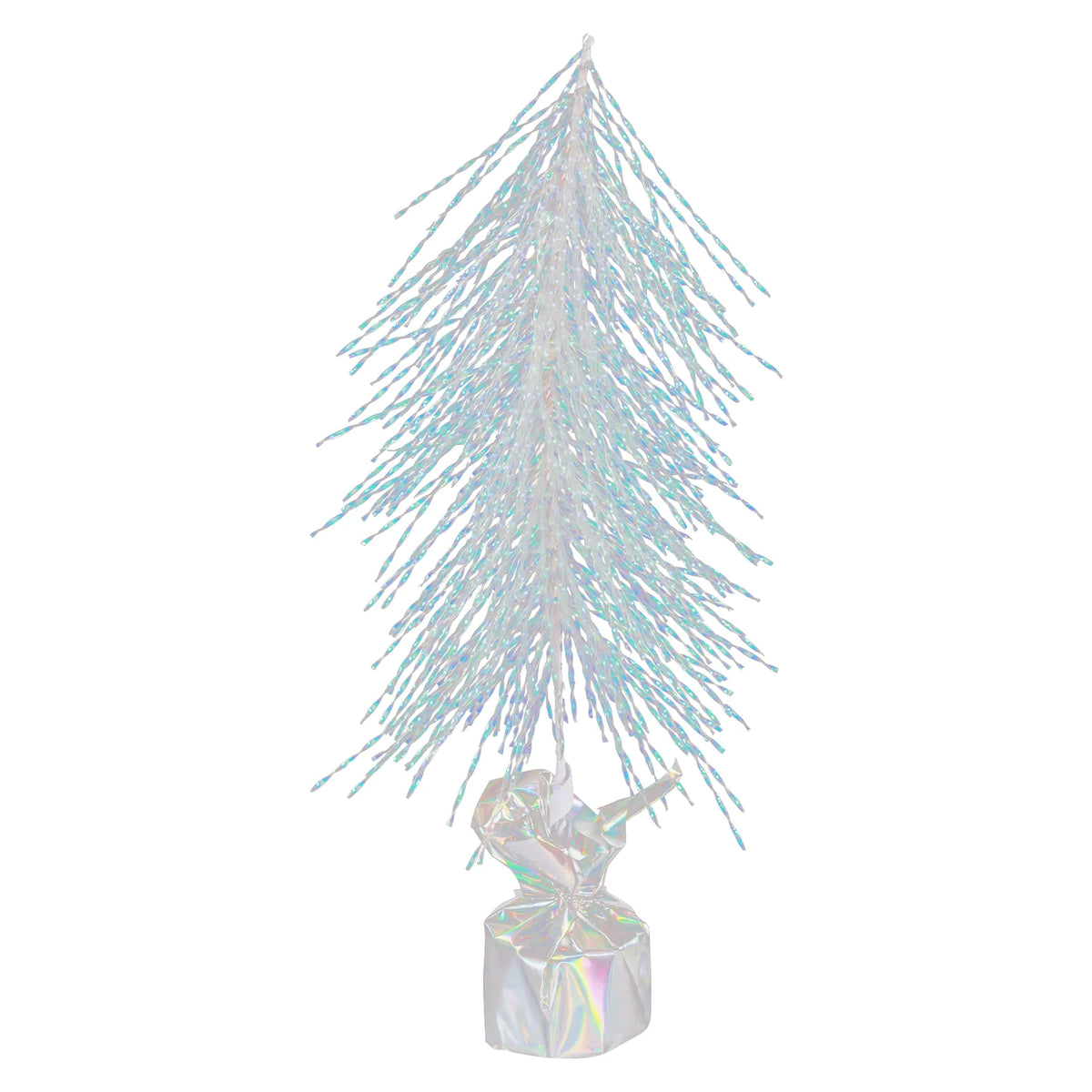 The iridescent tree has fine branches falling toward the right side.