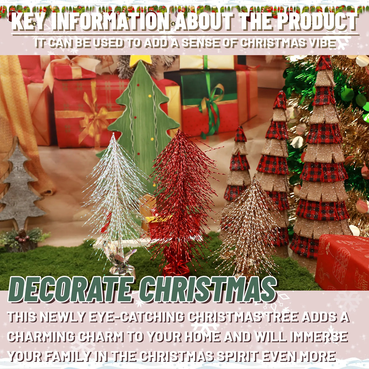 Iridescent, red and gold trees appear together among Christmas decorations.