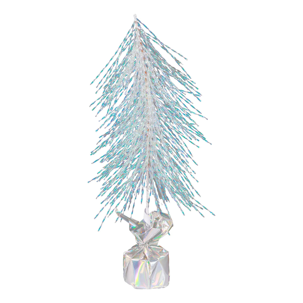 An iridescent tree stands upright above a reflective tied wrapped base.