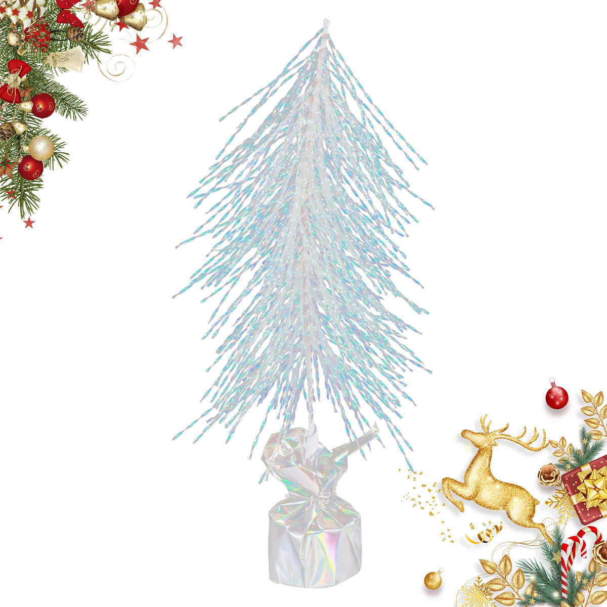 An iridescent tabletop Christmas tree stands beside holiday illustrations on white.