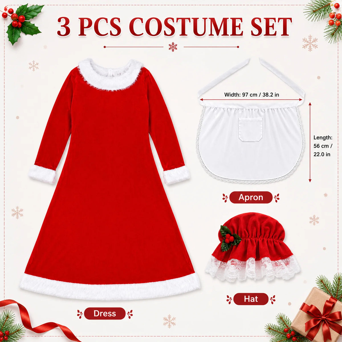 The three-piece costume graphic shows the red dress and bonnet beside the white apron with width and length measurements.