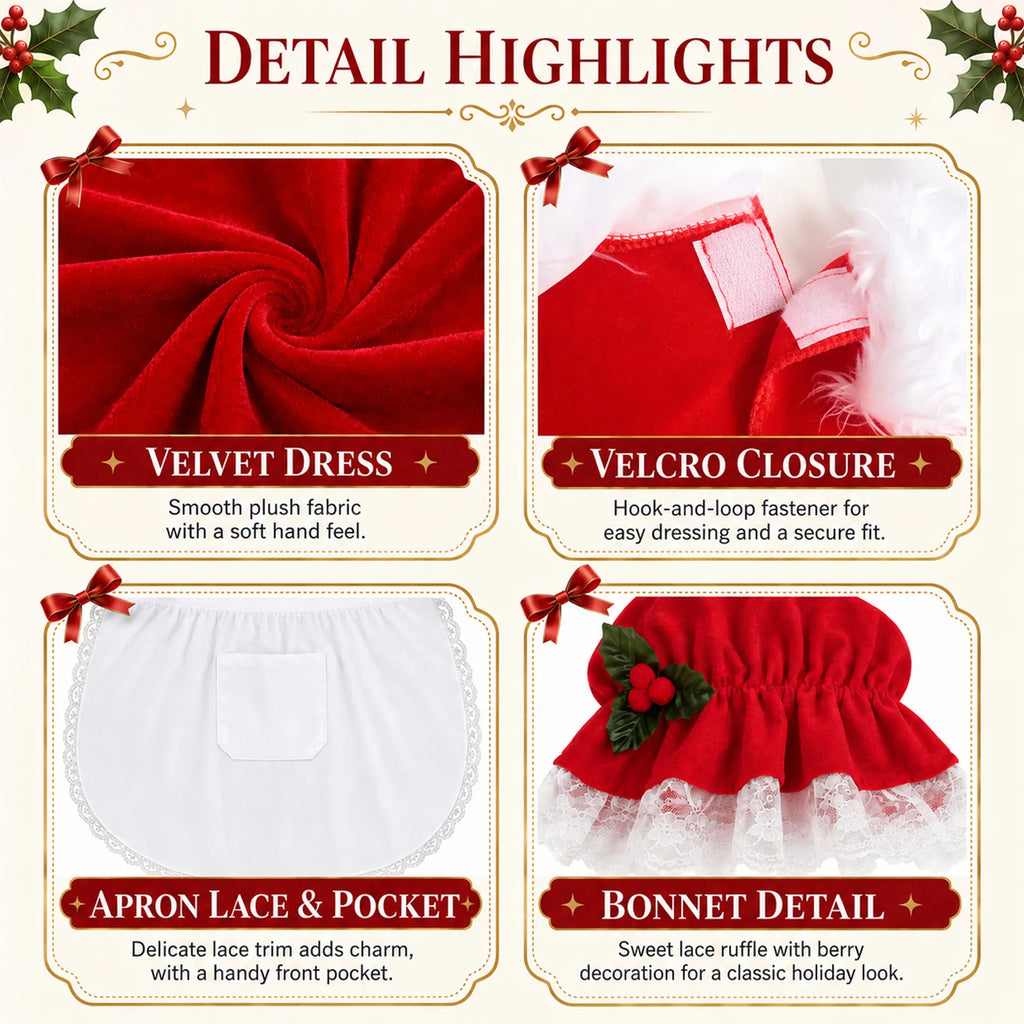 Detail panels show the red velvet-look fabric, hook-and-loop neckline closure, apron pocket, and decorated lace bonnet.