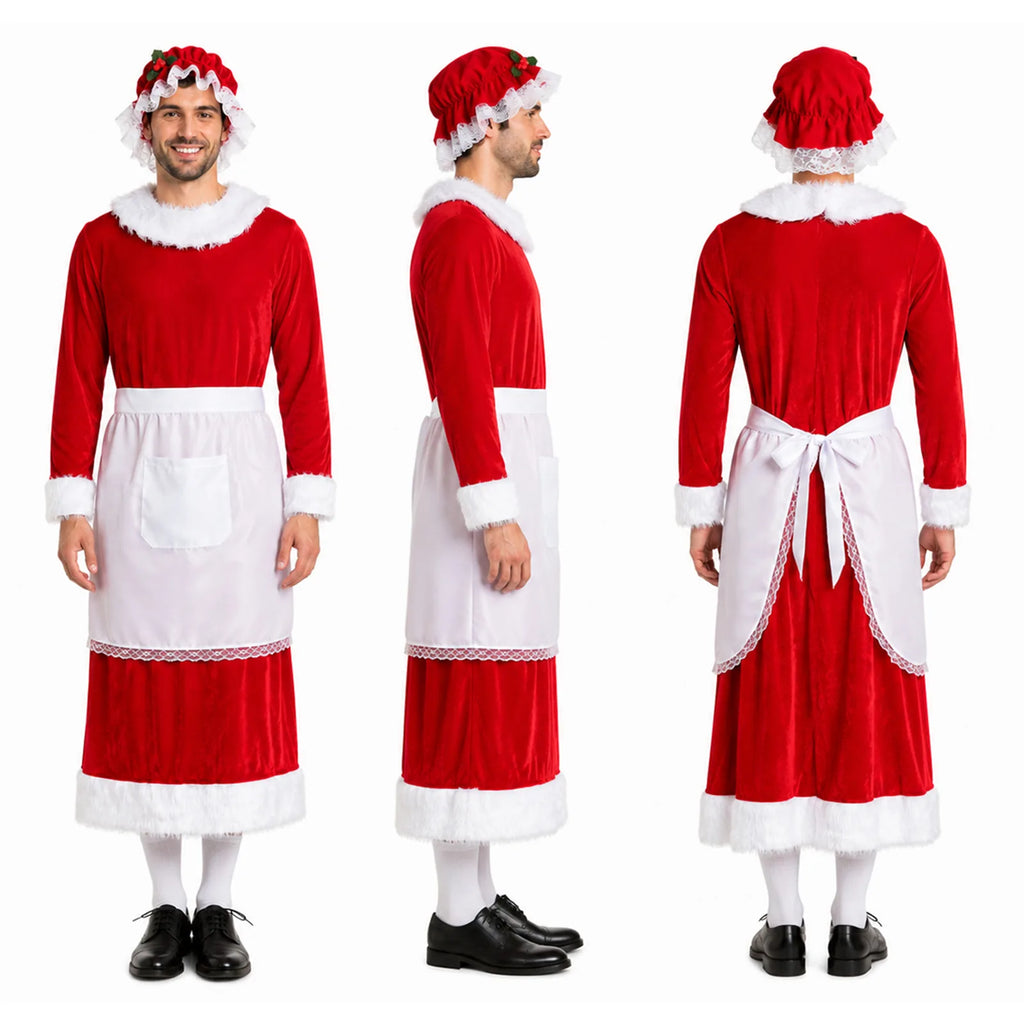 Three views show the red dress, white apron pocket, and bow tied at the back of the costume.