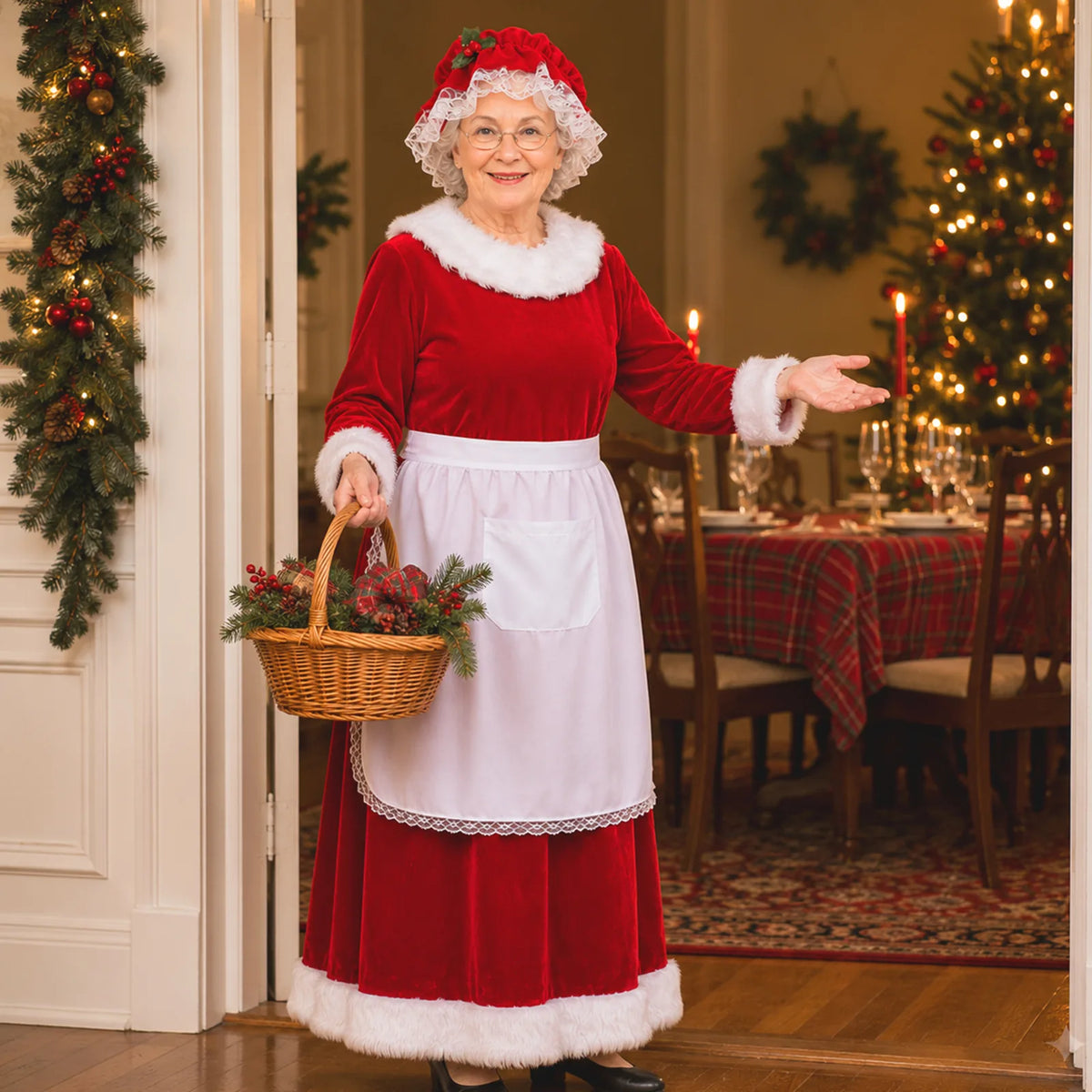 A woman wears the red dress, white apron, and matching bonnet while holding a decorated basket in a holiday room.