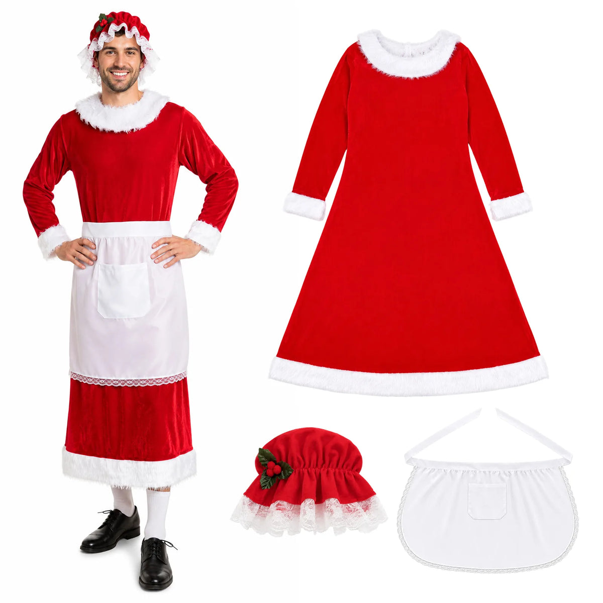 A man wears the traditional Mrs Claus costume beside the red dress, white apron, and matching bonnet.