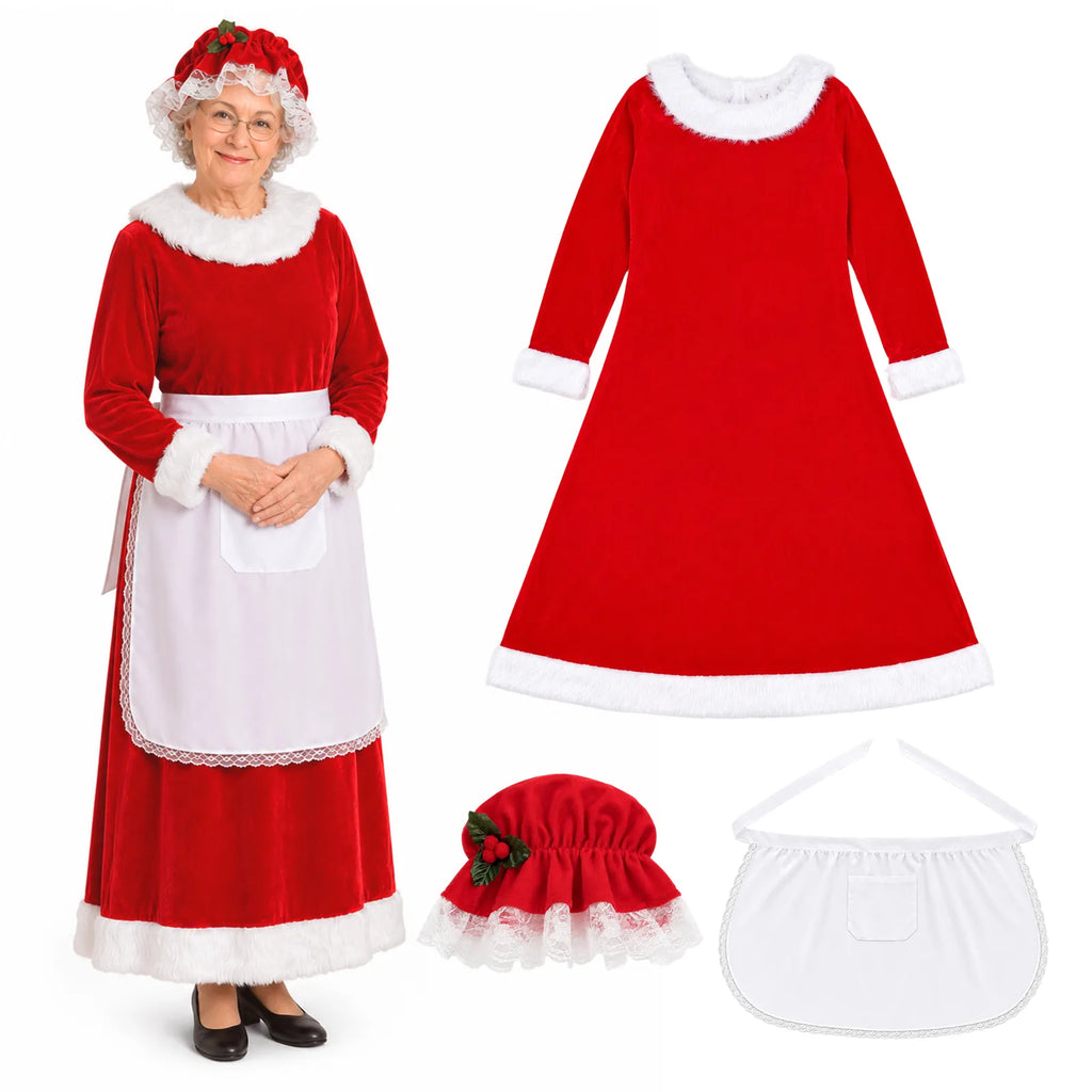 A woman wears the traditional Mrs Claus costume with the included apron and lace-trimmed red bonnet.